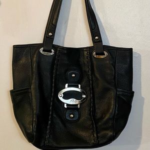 Anne Klein Black Leather Shoulder Bag with silver tone hardware